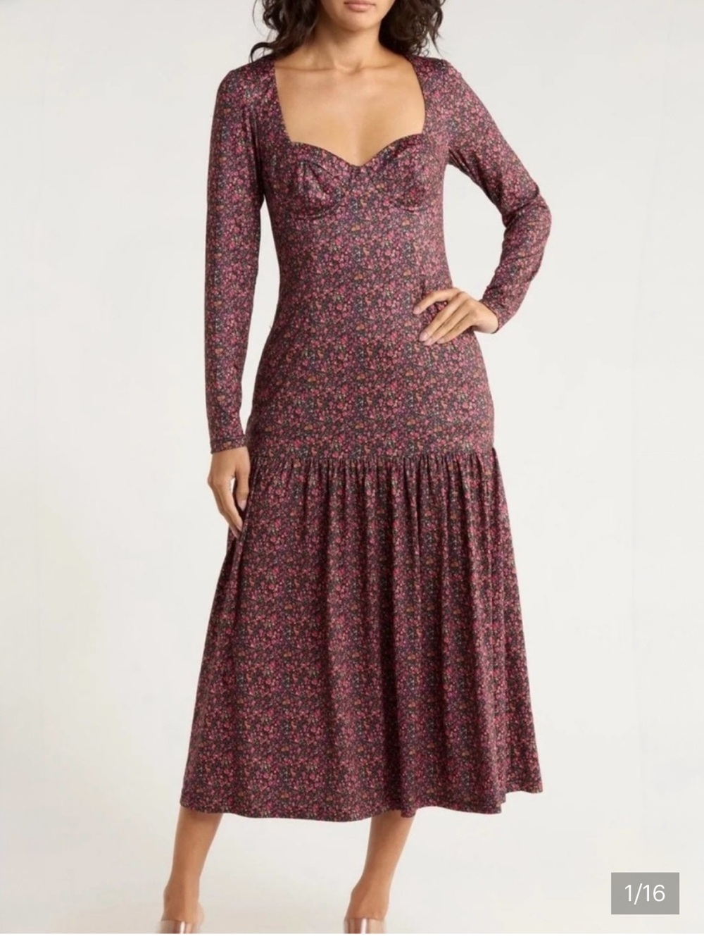 Hutch Drop Waist Burgundy Floral Midi Dress Small Autumn Fall NWT